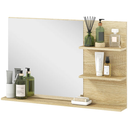 Modern Bathroom Mirror with 2 Side Shelves and Bottom Shelf, Wall Mirror in MDF and Glass, 75x10x48 cm, Wood Color