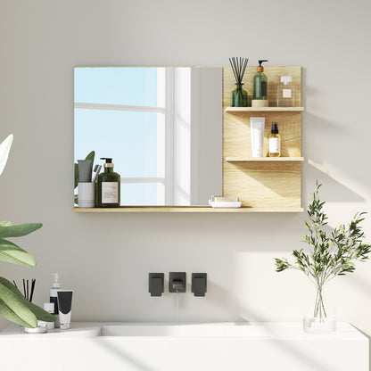 Modern Bathroom Mirror with 2 Side Shelves and Bottom Shelf, Wall Mirror in MDF and Glass, 75x10x48 cm, Wood Color