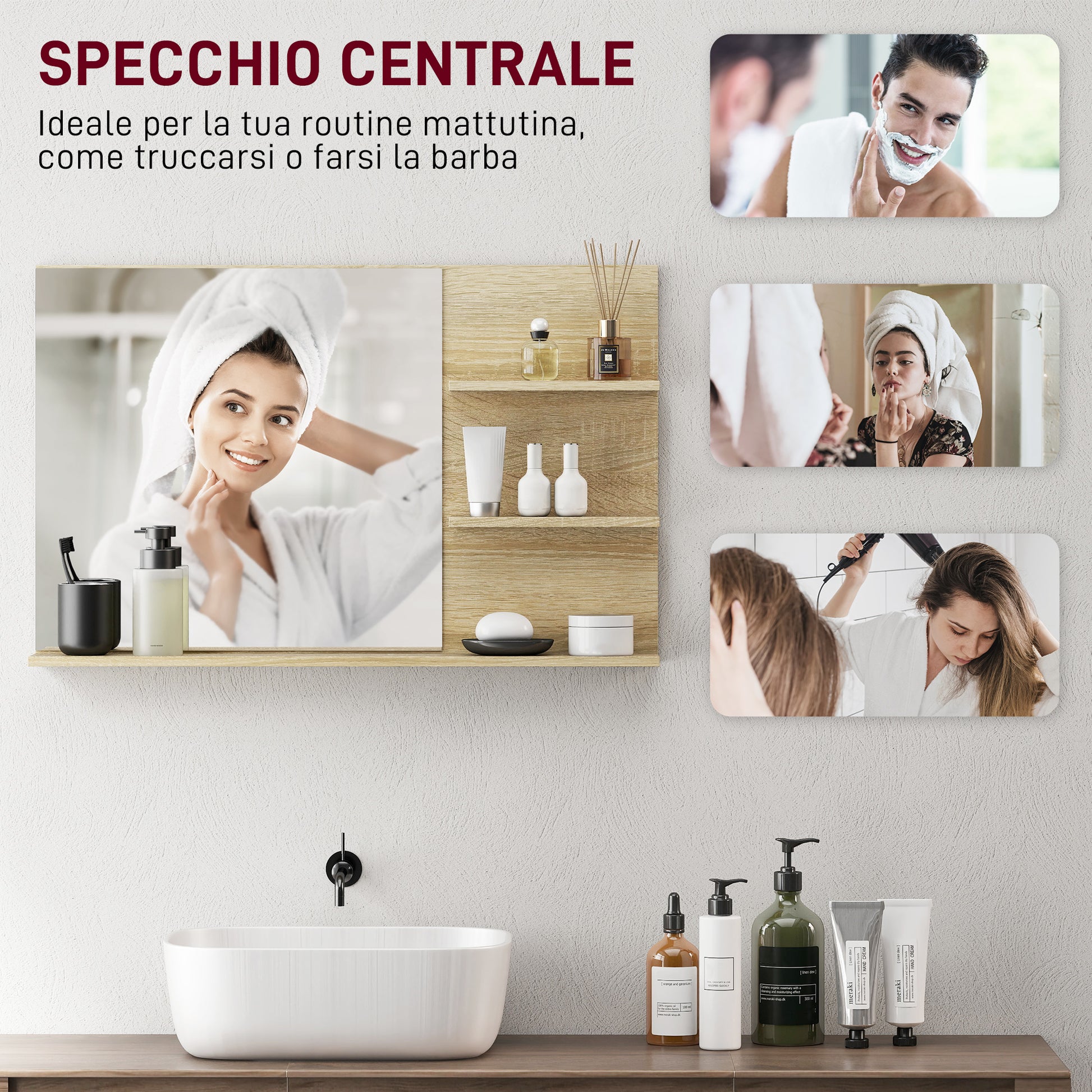 Modern Bathroom Mirror with 2 Side Shelves and Bottom Shelf, Wall Mirror in MDF and Glass, 75x10x48 cm, Wood Color