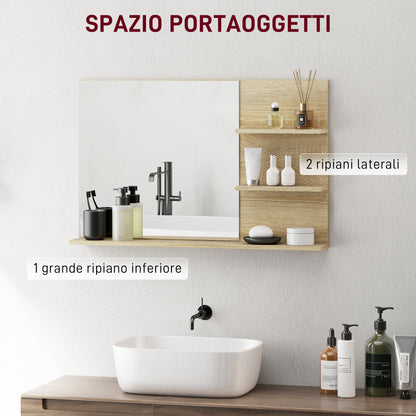 Modern Bathroom Mirror with 2 Side Shelves and Bottom Shelf, Wall Mirror in MDF and Glass, 75x10x48 cm, Wood Color