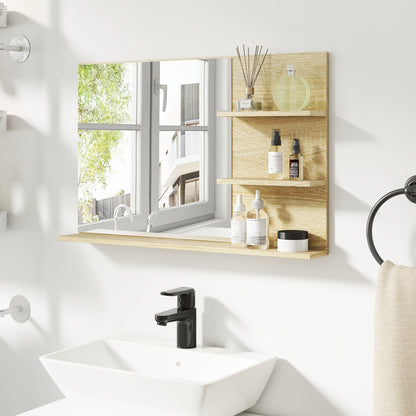 Modern Bathroom Mirror with 2 Side Shelves and Bottom Shelf, Wall Mirror in MDF and Glass, 75x10x48 cm, Wood Color
