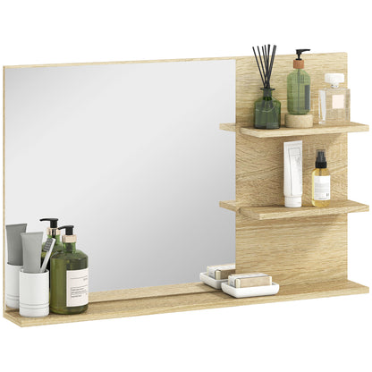 Modern Bathroom Mirror with 2 Side Shelves and Bottom Shelf, Wall Mirror in MDF and Glass, 75x10x48 cm, Wood Color
