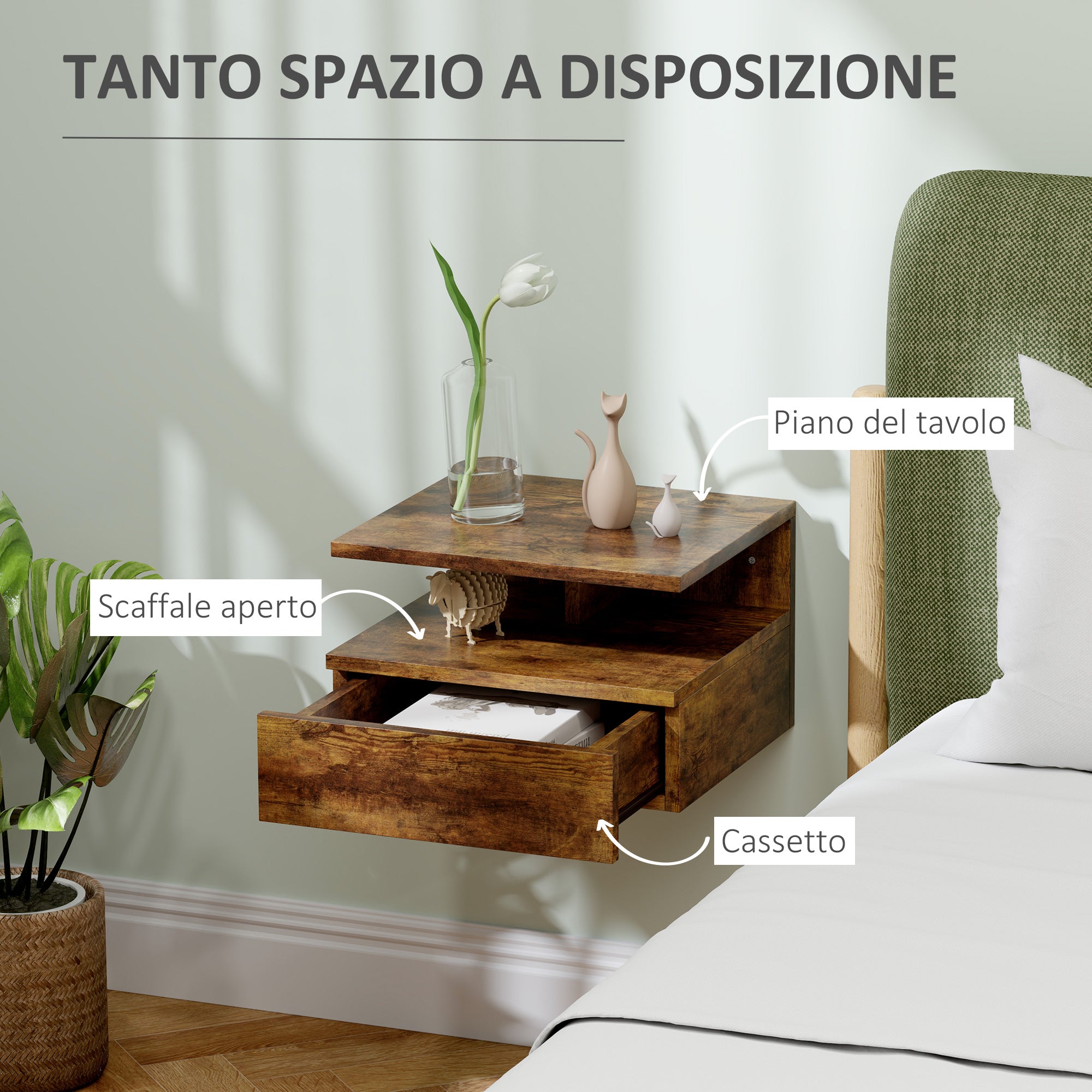 Set of 2 Wall-Mounted Bedroom Bedside Tables, Modern Bedside Tables, with Drawer and Top Shelf in Wood, 35x32x22.5cm, Rustic Brown