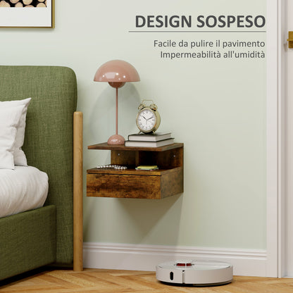 Set of 2 Wall-Mounted Bedroom Bedside Tables, Modern Bedside Tables, with Drawer and Top Shelf in Wood, 35x32x22.5cm, Rustic Brown