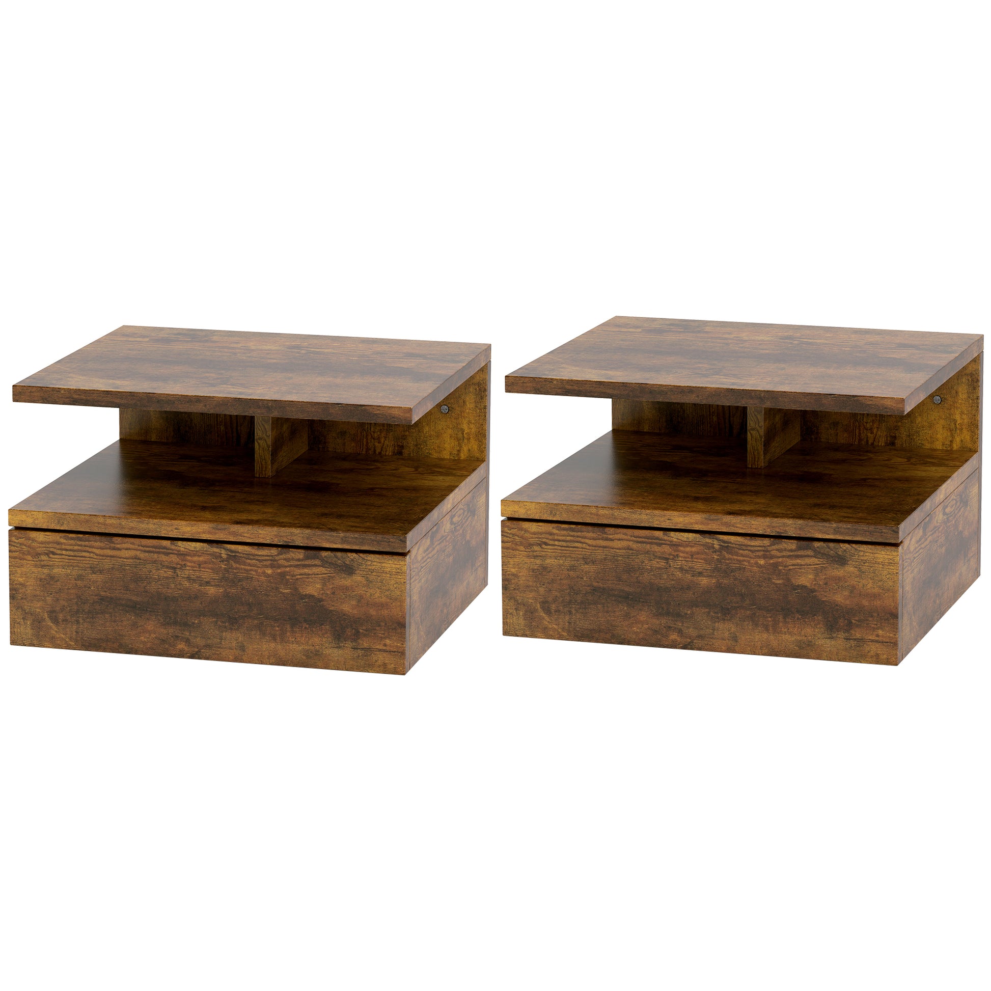 Set of 2 Wall-Mounted Bedroom Bedside Tables, Modern Bedside Tables, with Drawer and Top Shelf in Wood, 35x32x22.5cm, Rustic Brown