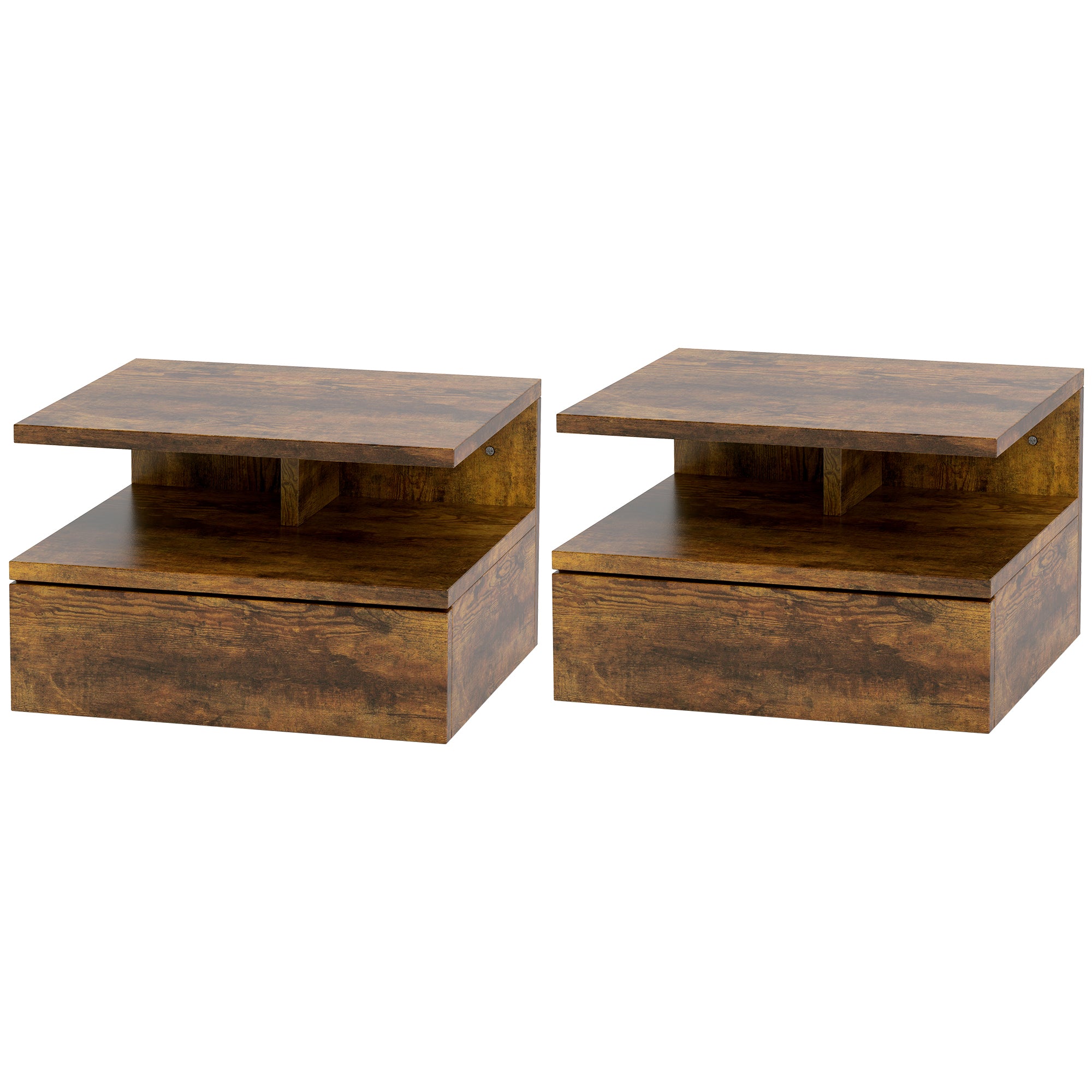 Set of 2 Wall-Mounted Bedroom Bedside Tables, Modern Bedside Tables, with Drawer and Top Shelf in Wood, 35x32x22.5cm, Rustic Brown