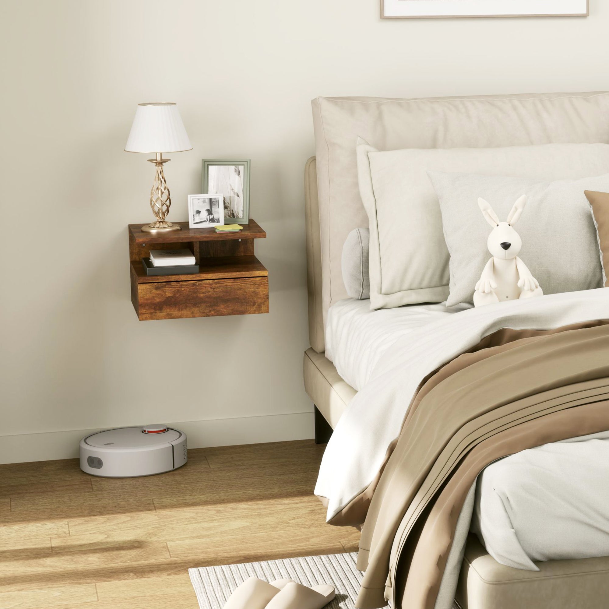 Set of 2 Wall-Mounted Bedroom Bedside Tables, Modern Bedside Tables, with Drawer and Top Shelf in Wood, 35x32x22.5cm, Rustic Brown