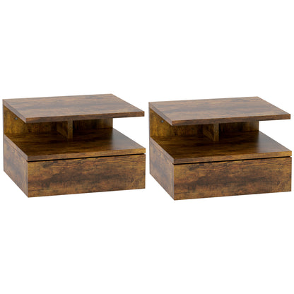 Set of 2 Wall-Mounted Bedroom Bedside Tables, Modern Bedside Tables, with Drawer and Top Shelf in Wood, 35x32x22.5cm, Rustic Brown