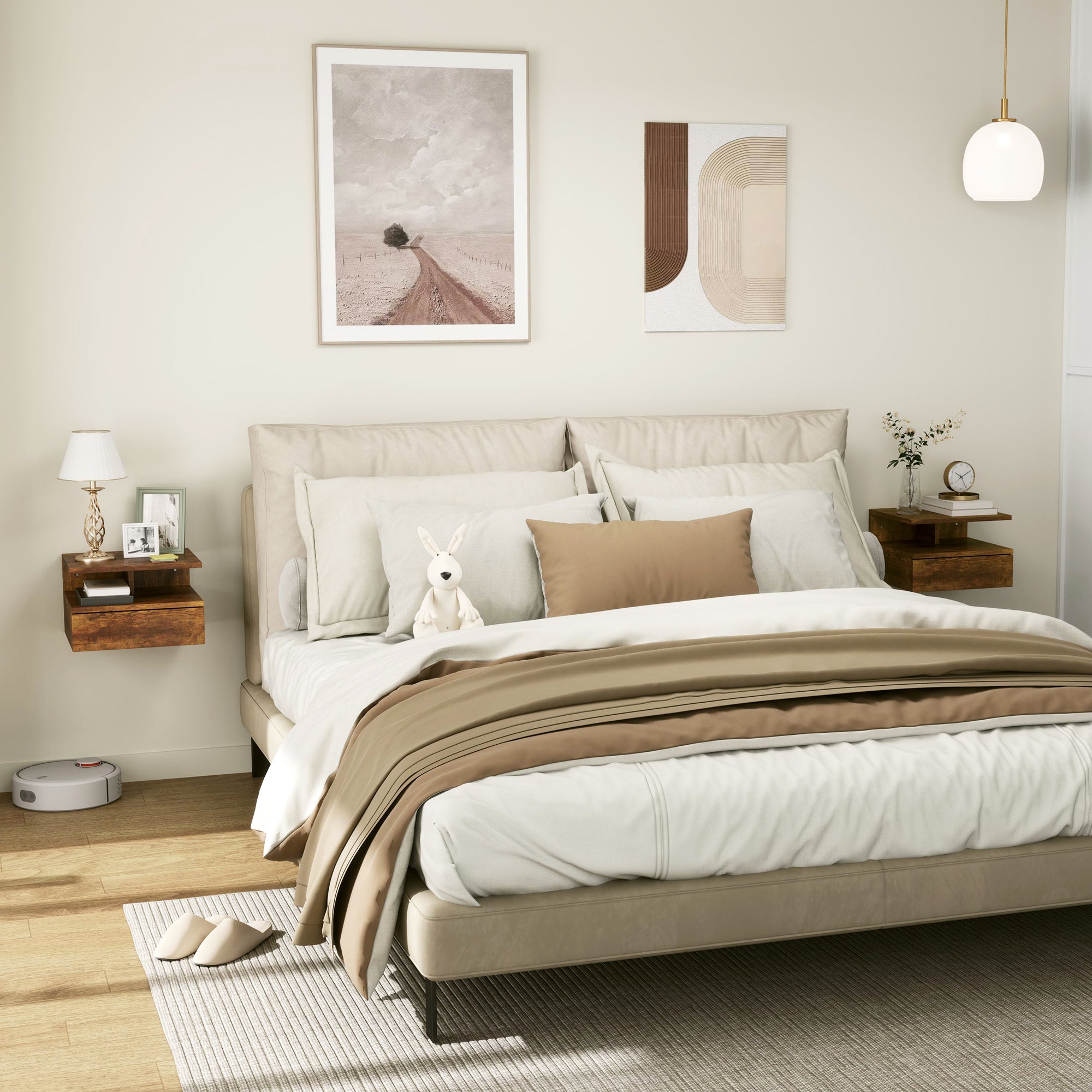 Set of 2 Wall-Mounted Bedroom Bedside Tables, Modern Bedside Tables, with Drawer and Top Shelf in Wood, 35x32x22.5cm, Rustic Brown