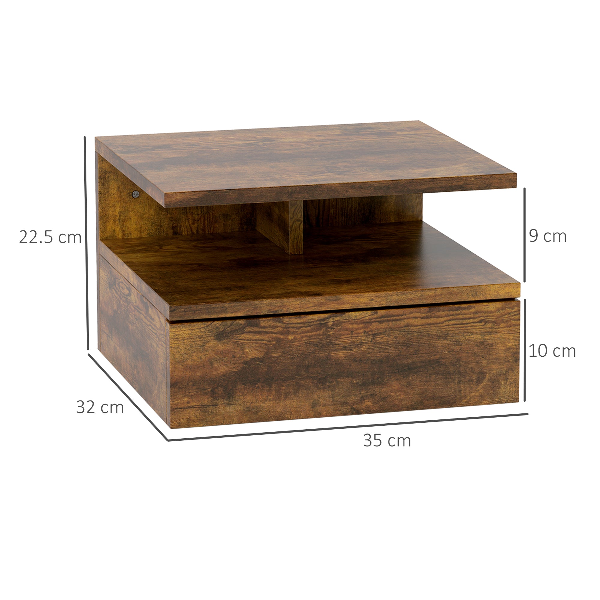 Set of 2 Wall-Mounted Bedroom Bedside Tables, Modern Bedside Tables, with Drawer and Top Shelf in Wood, 35x32x22.5cm, Rustic Brown