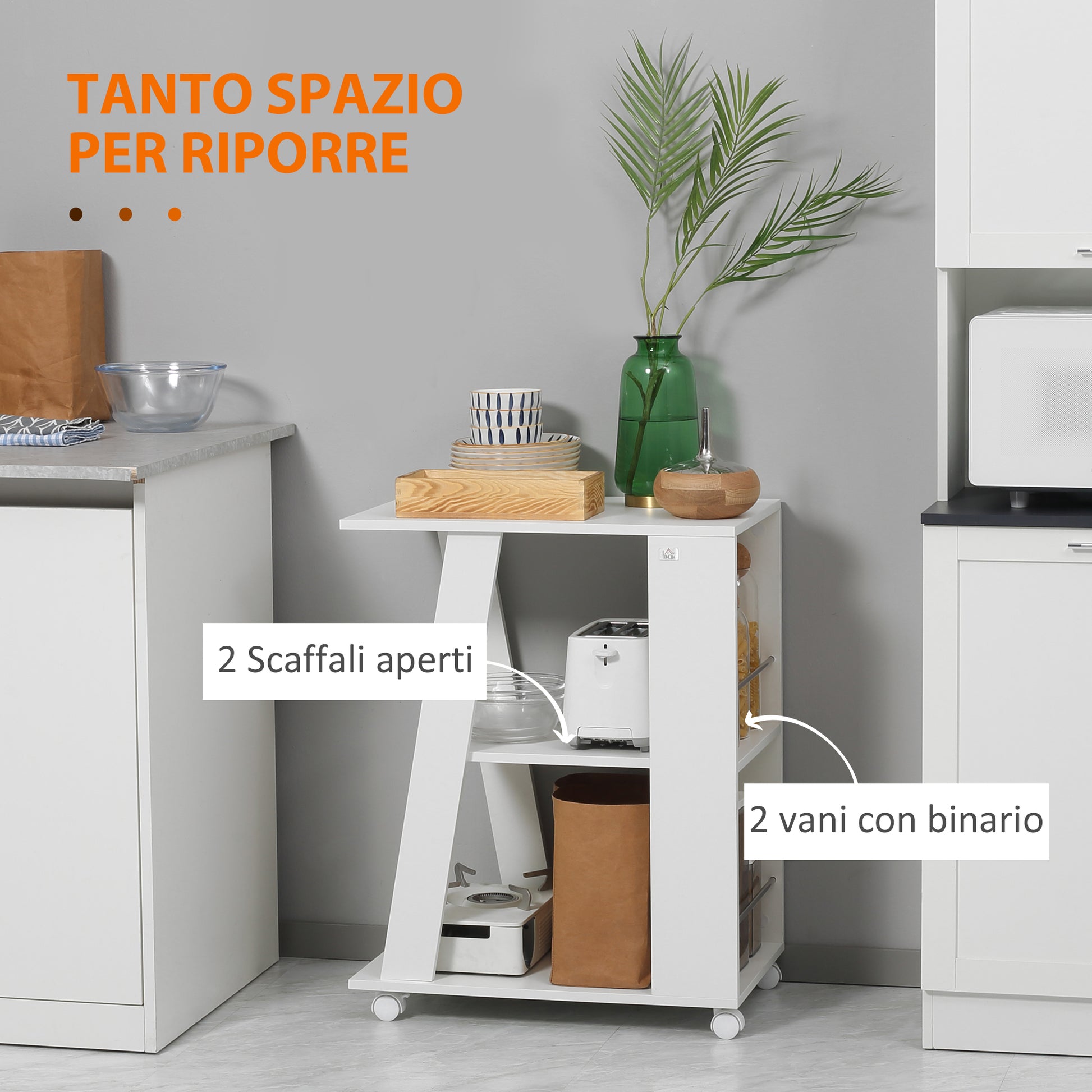 Wooden Kitchen Cart with 2 Open Shelves, Cart with Lockable Wheels, 60x38x77cm, White