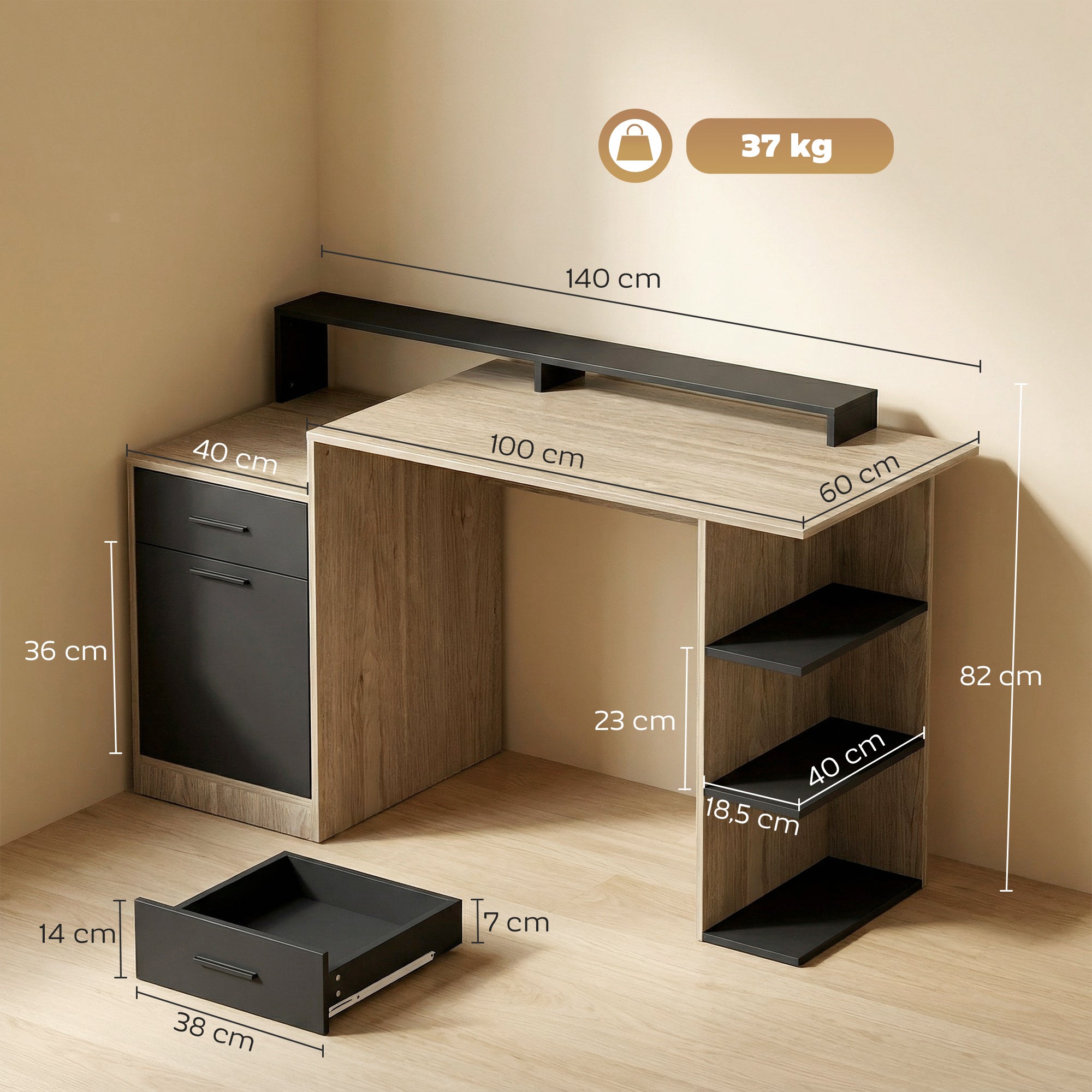 140x60 cm Computer Desk with Drawers, Headphone Hook, Cabinet & Shelves — Oak/Black
