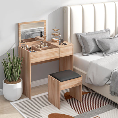Makeup Vanity with Stool Makeup Table with Flip Top Mirror and Storage Boxes 80x40x79 cm and 40x30x40 cm Natural