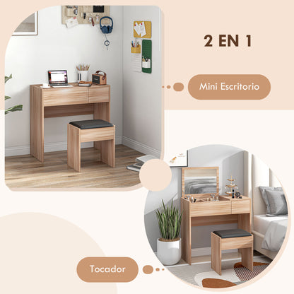 Makeup Vanity with Stool Makeup Table with Flip Top Mirror and Storage Boxes 80x40x79 cm and 40x30x40 cm Natural