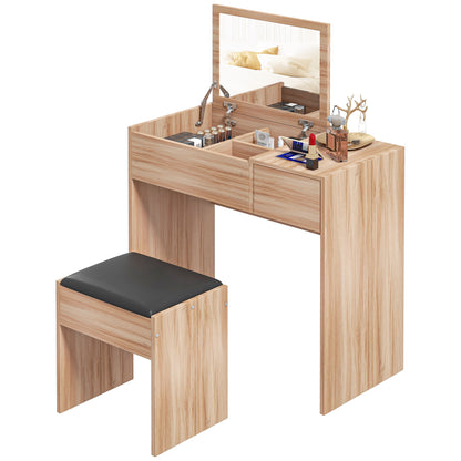 Makeup Vanity with Stool Makeup Table with Flip Top Mirror and Storage Boxes 80x40x79 cm and 40x30x40 cm Natural