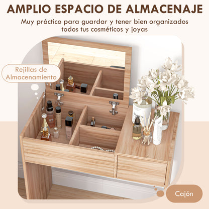 Makeup Vanity with Stool Makeup Table with Flip Top Mirror and Storage Boxes 80x40x79 cm and 40x30x40 cm Natural