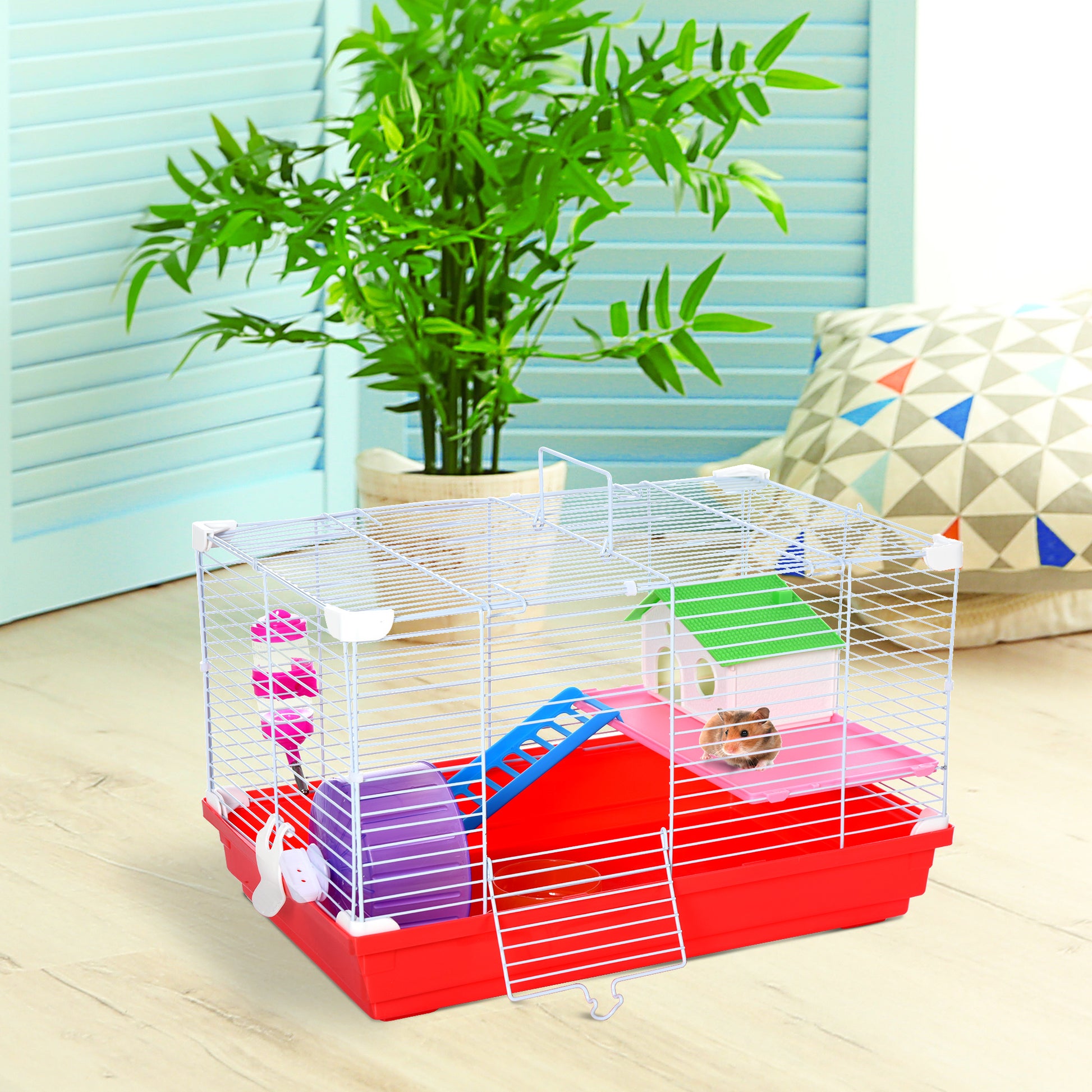 Hamster Cage Hamster House 47x30x27 cm with 1 Floor Feeder Water Bottle Ramp Exercise Wheel for Small Animals White and Red