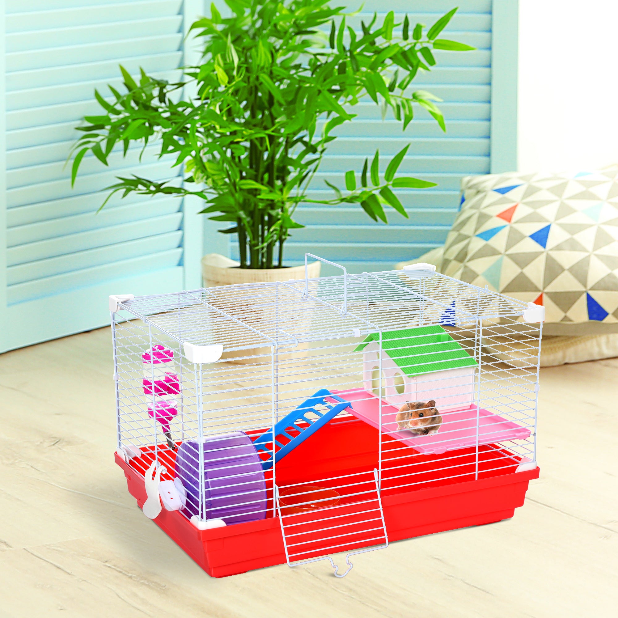 Hamster Cage Hamster House 47x30x27 cm with 1 Floor Feeder Water Bottle Ramp Exercise Wheel for Small Animals White and Red