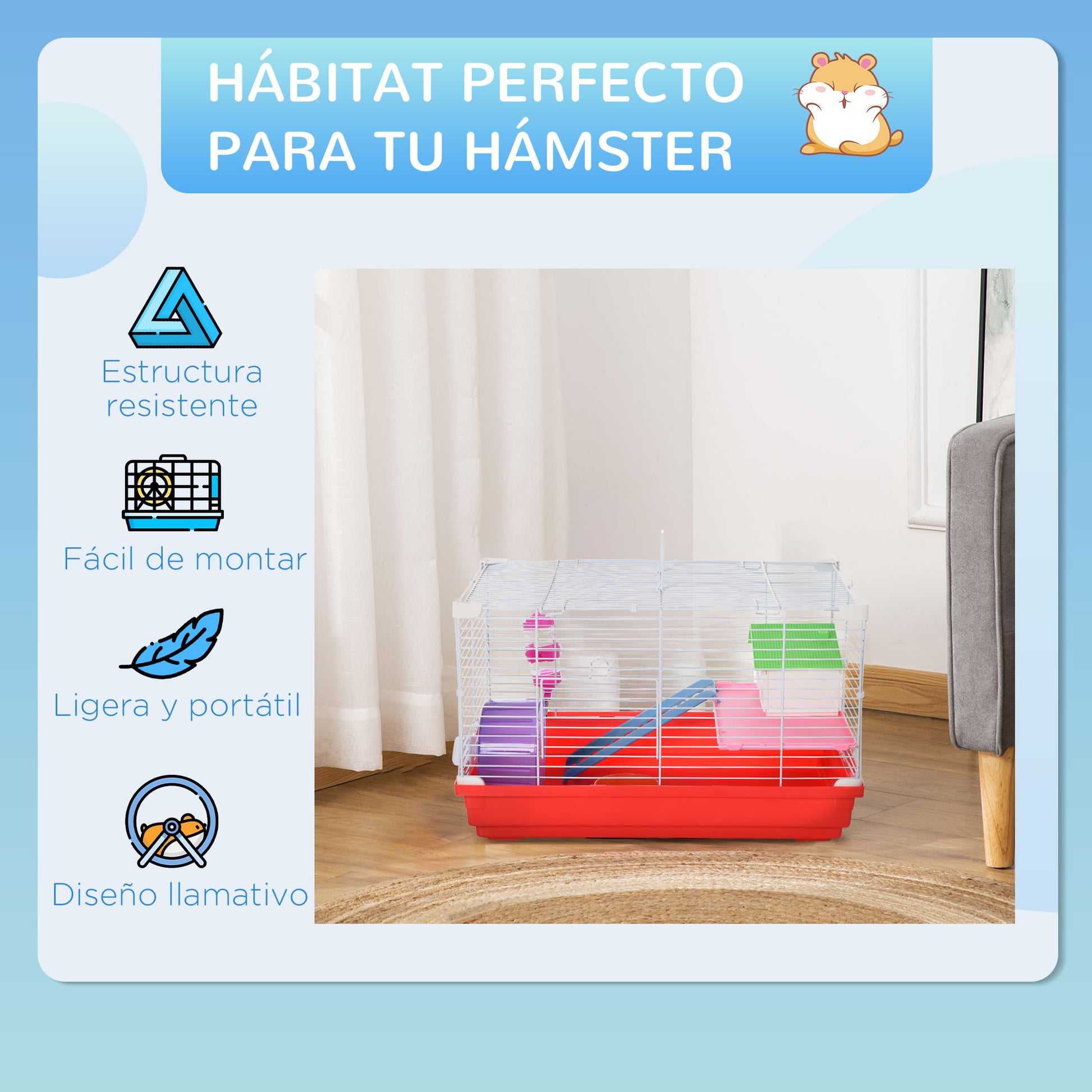 Hamster Cage Hamster House 47x30x27 cm with 1 Floor Feeder Water Bottle Ramp Exercise Wheel for Small Animals White and Red
