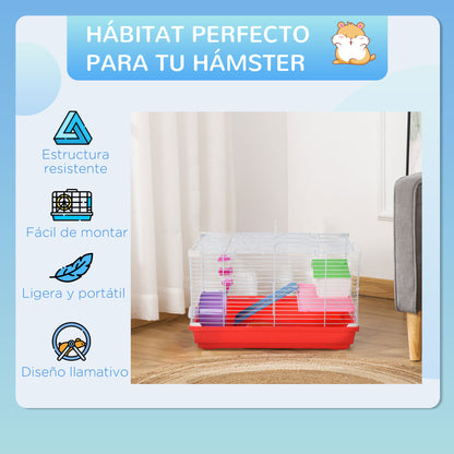 Hamster Cage Hamster House 47x30x27 cm with 1 Floor Feeder Water Bottle Ramp Exercise Wheel for Small Animals White and Red