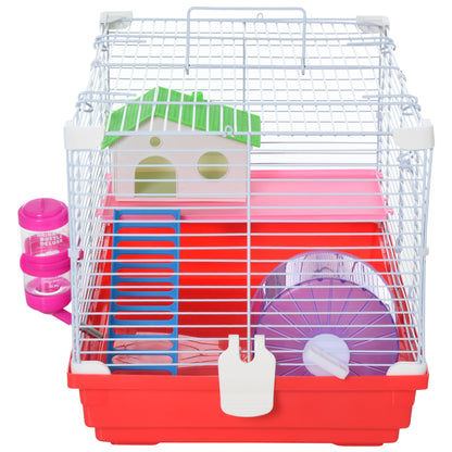 Hamster Cage Hamster House 47x30x27 cm with 1 Floor Feeder Water Bottle Ramp Exercise Wheel for Small Animals White and Red