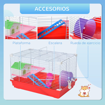 Hamster Cage Hamster House 47x30x27 cm with 1 Floor Feeder Water Bottle Ramp Exercise Wheel for Small Animals White and Red