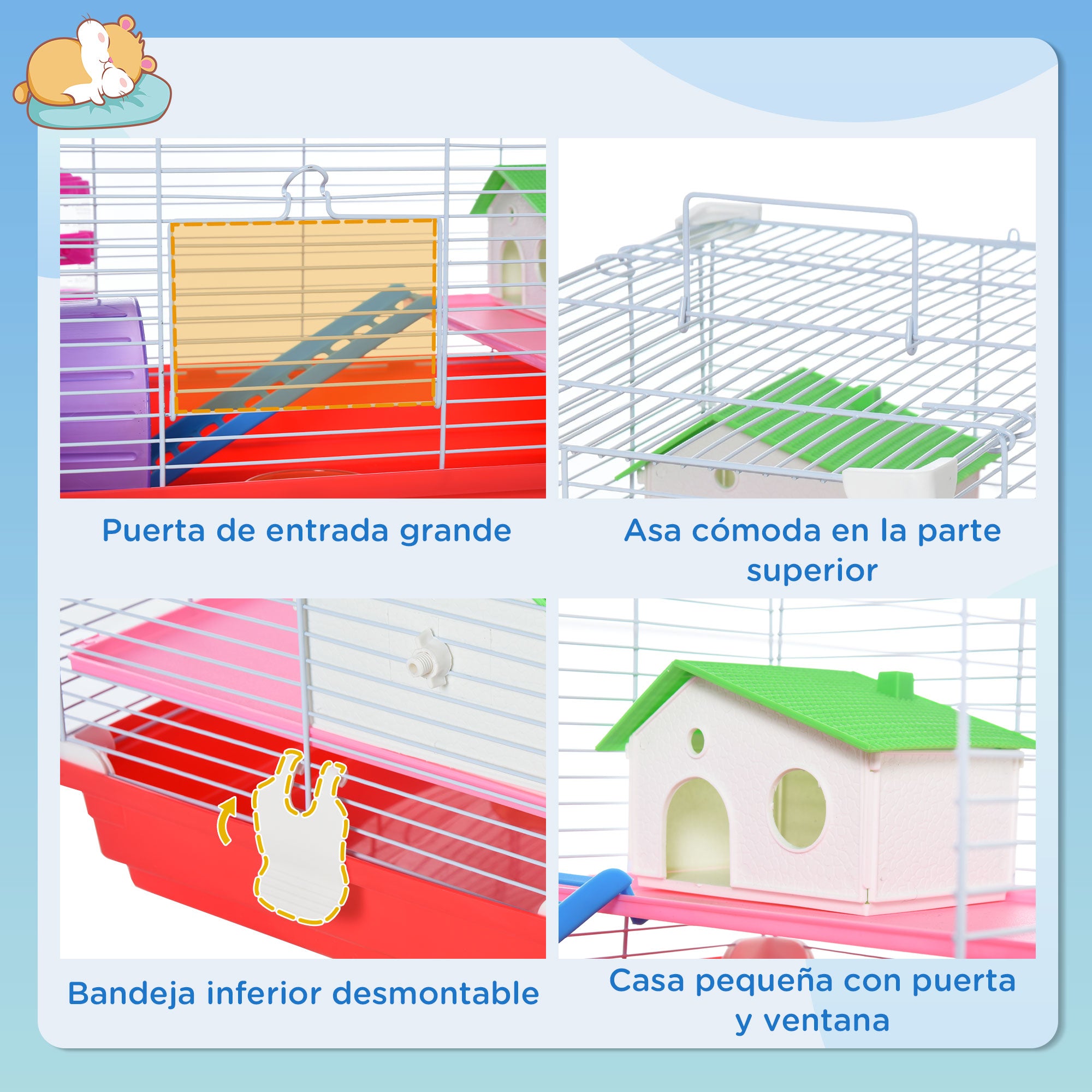 Hamster Cage Hamster House 47x30x27 cm with 1 Floor Feeder Water Bottle Ramp Exercise Wheel for Small Animals White and Red