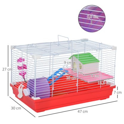 Hamster Cage Hamster House 47x30x27 cm with 1 Floor Feeder Water Bottle Ramp Exercise Wheel for Small Animals White and Red