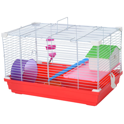 Hamster Cage Hamster House 47x30x27 cm with 1 Floor Feeder Water Bottle Ramp Exercise Wheel for Small Animals White and Red