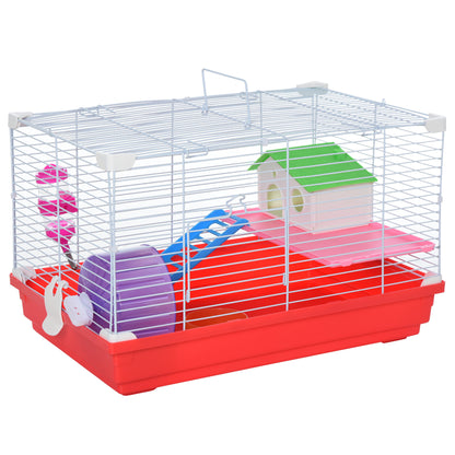Hamster Cage Hamster House 47x30x27 cm with 1 Floor Feeder Water Bottle Ramp Exercise Wheel for Small Animals White and Red