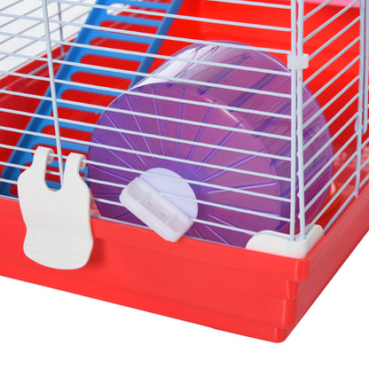 Hamster Cage Hamster House 47x30x27 cm with 1 Floor Feeder Water Bottle Ramp Exercise Wheel for Small Animals White and Red