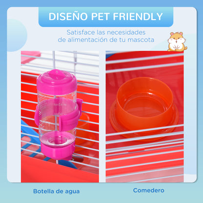 Hamster Cage Hamster House 47x30x27 cm with 1 Floor Feeder Water Bottle Ramp Exercise Wheel for Small Animals White and Red