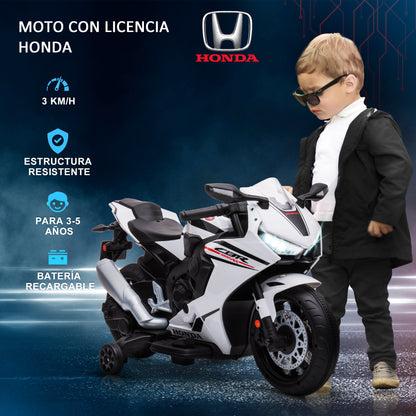 Electric Motorcycle with HONDA License for Kids 3-5 Years 6V Battery-Powered Motorcycle with Headlight, Horn, Music, and Removable Stabilizer Wheels 66 lbs Weight Capacity 90x44x52 cm White