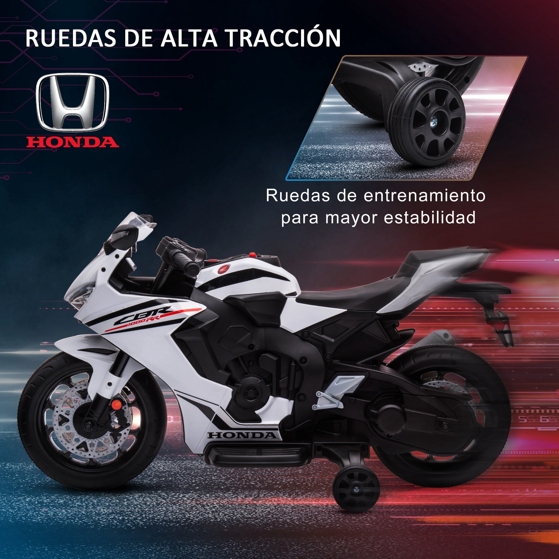 Electric Motorcycle with HONDA License for Kids 3-5 Years 6V Battery-Powered Motorcycle with Headlight, Horn, Music, and Removable Stabilizer Wheels 66 lbs Weight Capacity 90x44x52 cm White