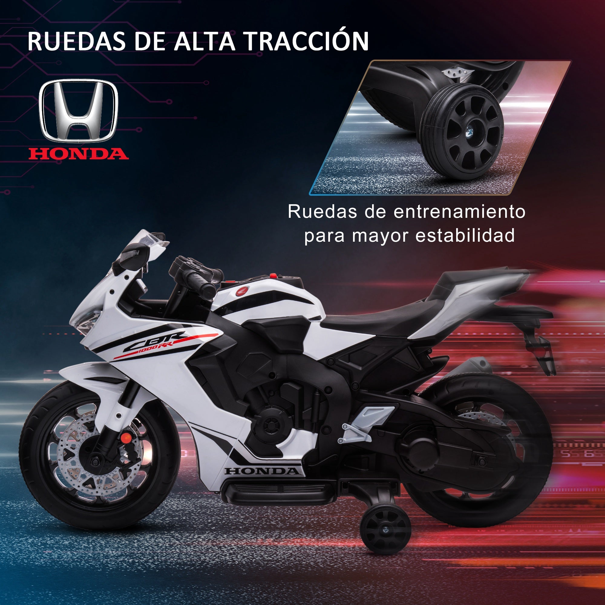 Electric Motorcycle with HONDA License for Kids 3-5 Years 6V Battery-Powered Motorcycle with Headlight, Horn, Music, and Removable Stabilizer Wheels 66 lbs Weight Capacity 90x44x52 cm White