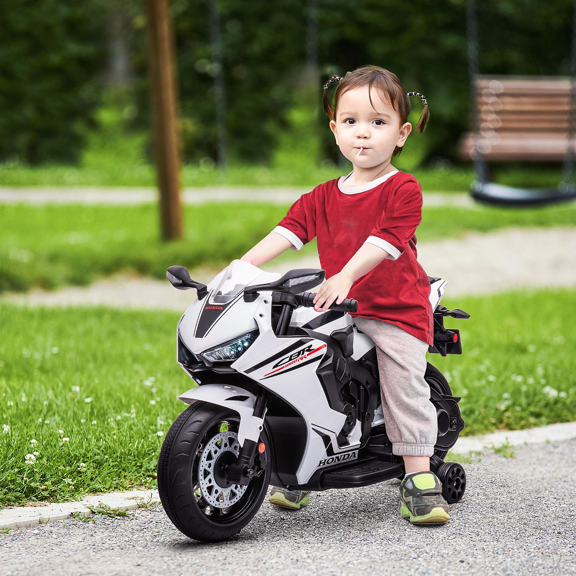 Electric Motorcycle with HONDA License for Kids 3-5 Years 6V Battery-Powered Motorcycle with Headlight, Horn, Music, and Removable Stabilizer Wheels 66 lbs Weight Capacity 90x44x52 cm White
