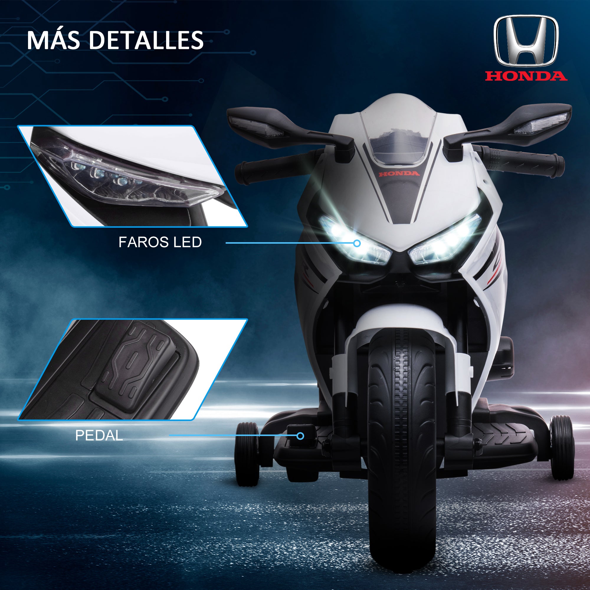 Electric Motorcycle with HONDA License for Kids 3-5 Years 6V Battery-Powered Motorcycle with Headlight, Horn, Music, and Removable Stabilizer Wheels 66 lbs Weight Capacity 90x44x52 cm White