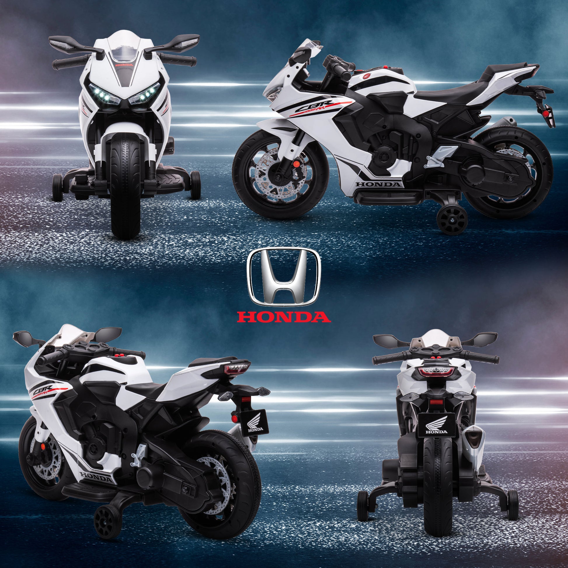 Electric Motorcycle with HONDA License for Kids 3-5 Years 6V Battery-Powered Motorcycle with Headlight, Horn, Music, and Removable Stabilizer Wheels 66 lbs Weight Capacity 90x44x52 cm White