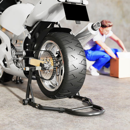 Set of 2 Adjustable Triangle Motorcycle Stands with 390 kg Capacity, Rear and Front Bike Stands in Steel with U and L Forks, Wheels, for Garage and Workshop, Black