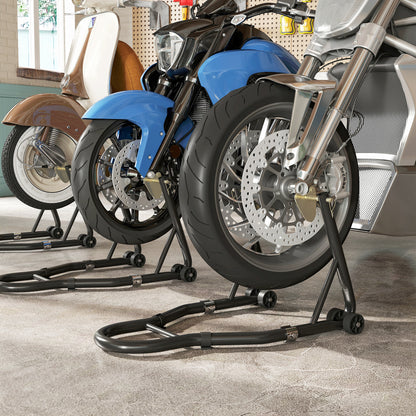 Set of 2 Adjustable Triangle Motorcycle Stands with 390 kg Capacity, Rear and Front Bike Stands in Steel with U and L Forks, Wheels, for Garage and Workshop, Black
