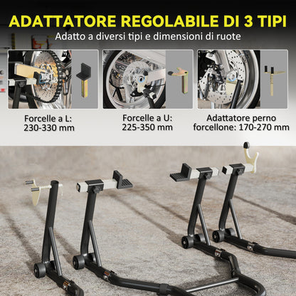 Set of 2 Adjustable Triangle Motorcycle Stands with 390 kg Capacity, Rear and Front Bike Stands in Steel with U and L Forks, Wheels, for Garage and Workshop, Black