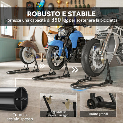 Set of 2 Adjustable Triangle Motorcycle Stands with 390 kg Capacity, Rear and Front Bike Stands in Steel with U and L Forks, Wheels, for Garage and Workshop, Black