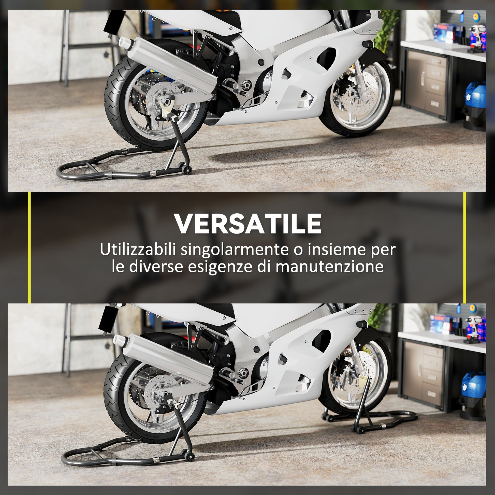 Set of 2 Adjustable Triangle Motorcycle Stands with 390 kg Capacity, Rear and Front Bike Stands in Steel with U and L Forks, Wheels, for Garage and Workshop, Black