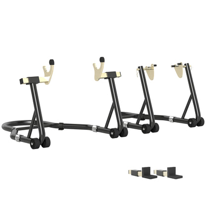 Set of 2 Adjustable Triangle Motorcycle Stands with 390 kg Capacity, Rear and Front Bike Stands in Steel with U and L Forks, Wheels, for Garage and Workshop, Black