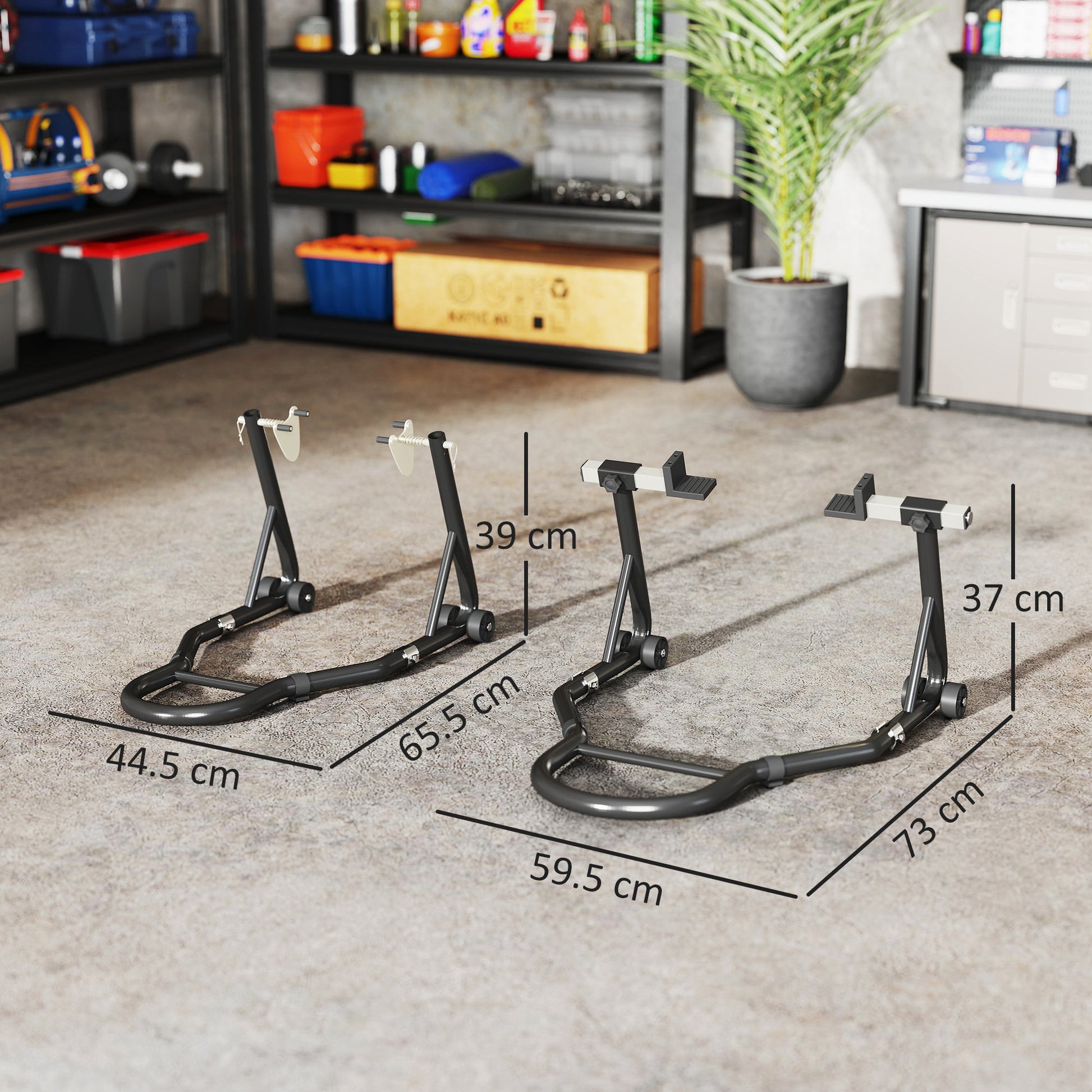 Set of 2 Adjustable Triangle Motorcycle Stands with 390 kg Capacity, Rear and Front Bike Stands in Steel with U and L Forks, Wheels, for Garage and Workshop, Black