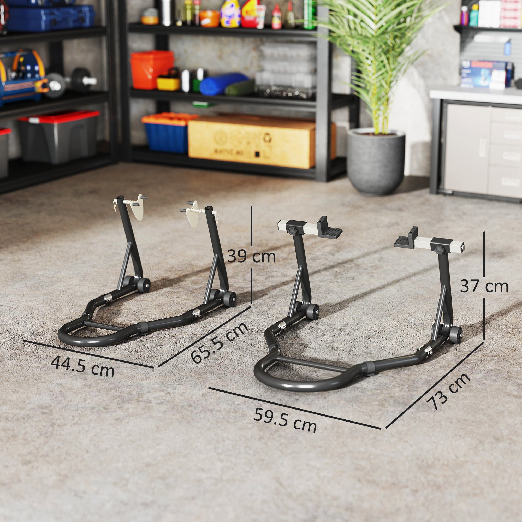 Set of 2 Adjustable Triangle Motorcycle Stands with 390 kg Capacity, Rear and Front Bike Stands in Steel with U and L Forks, Wheels, for Garage and Workshop, Black