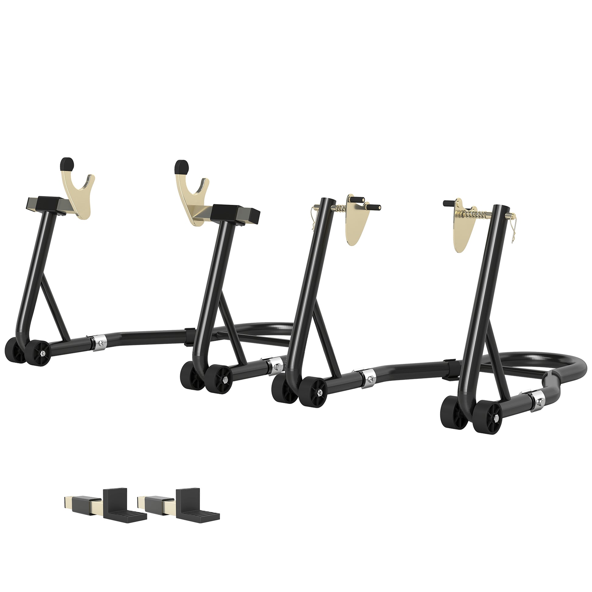 Set of 2 Adjustable Triangle Motorcycle Stands with 390 kg Capacity, Rear and Front Bike Stands in Steel with U and L Forks, Wheels, for Garage and Workshop, Black
