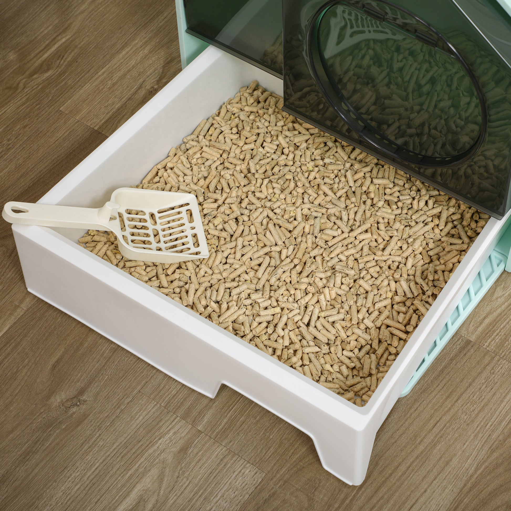 Cat Litter Box with Bottom Tray, Scoop, Filter, Hooded Toilet for Cats up to 8 kg, ABS, Plastic, Light Blue 47 x 45 x 42 cm