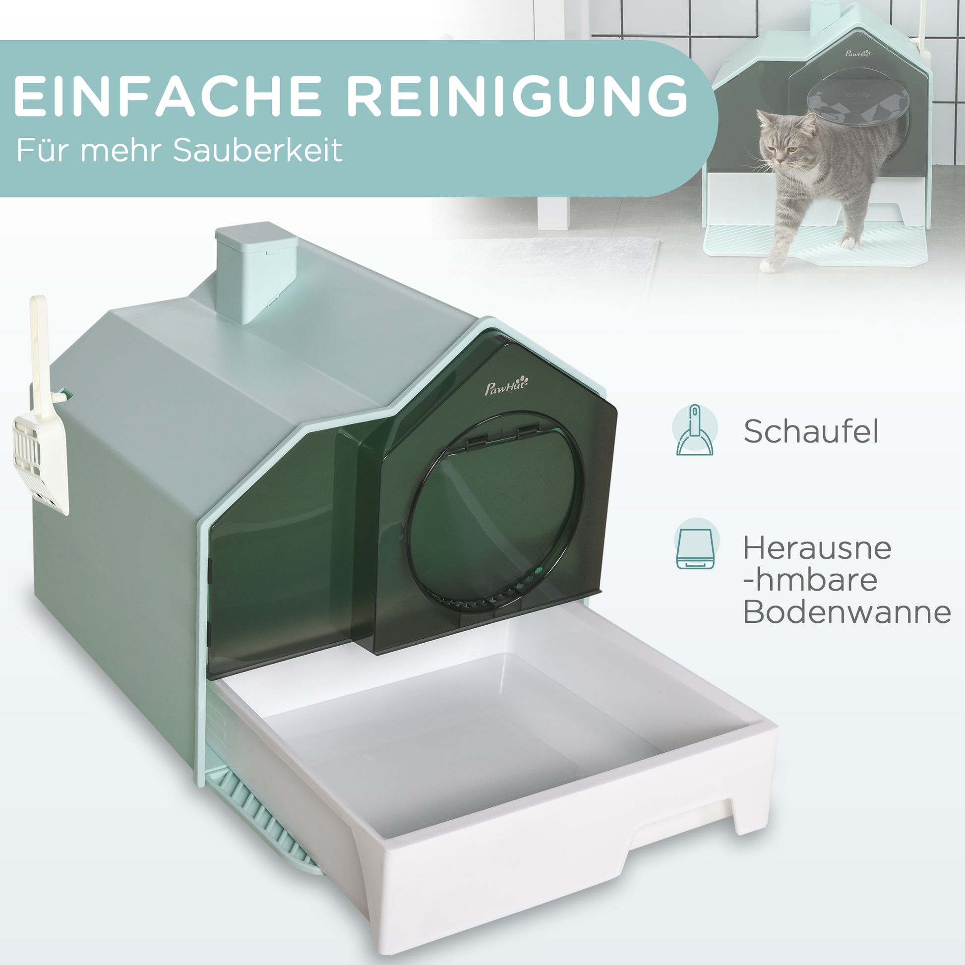 Cat Litter Box with Bottom Tray, Scoop, Filter, Hooded Toilet for Cats up to 8 kg, ABS, Plastic, Light Blue 47 x 45 x 42 cm