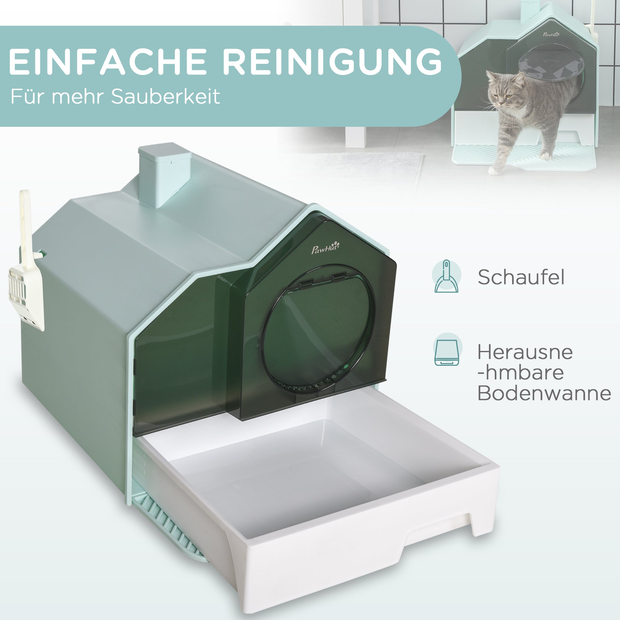 Cat Litter Box with Bottom Tray, Scoop, Filter, Hooded Toilet for Cats up to 8 kg, ABS, Plastic, Light Blue 47 x 45 x 42 cm